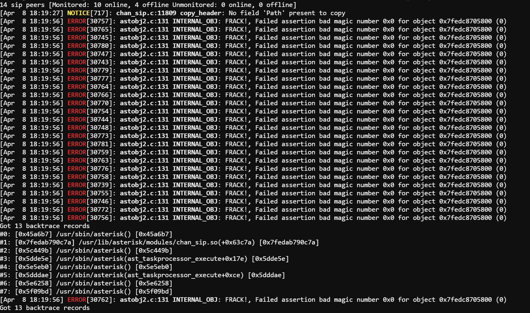 Cómo arreglar el error de Asterisk: FRACK!, Failed assertion bad magic number …